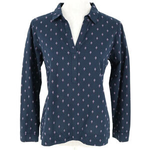 J Jill Top Petites SP PS Blue Cotton Back Pleats Blouse Embroidered Preppy